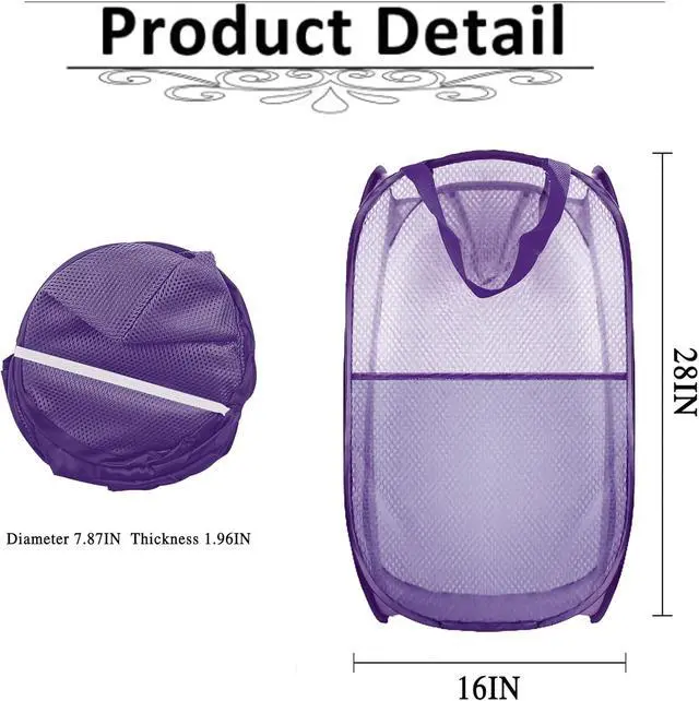 Alt view image 3 of 6 - Collapsible Pop Up Laundry Hamper, Extra Large Mesh Foldable Laundry Basket, 28" x 16" x 16"(Purple)