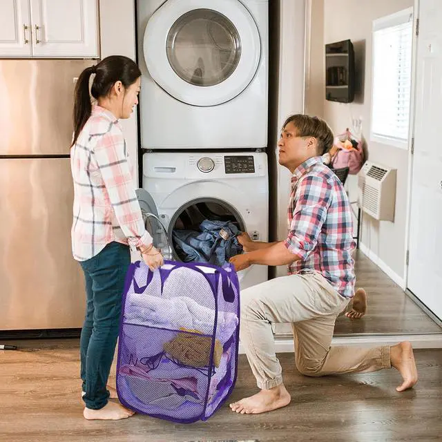 Alt view image 2 of 6 - Collapsible Pop Up Laundry Hamper, Extra Large Mesh Foldable Laundry Basket, 28" x 16" x 16"(Purple)