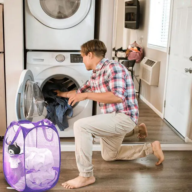 Alt view image 2 of 6 - Collapsible Pop Up Laundry Hamper, Extra Large Mesh Foldable Laundry Basket Bag, 28" x 16" x 16", 2 Pack (Black + Purple)