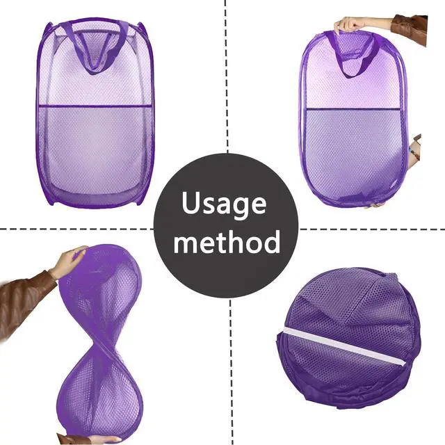 Alt view image 4 of 6 - Collapsible Pop Up Laundry Hamper, Extra Large Mesh Foldable Laundry Basket Bag, 28" x 16" x 16", 2 Pack (Black + Purple)