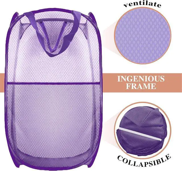 Alt view image 5 of 6 - Collapsible Pop Up Laundry Hamper, Extra Large Mesh Foldable Laundry Basket Bag, 28" x 16" x 16", 2 Pack (Black + Purple)