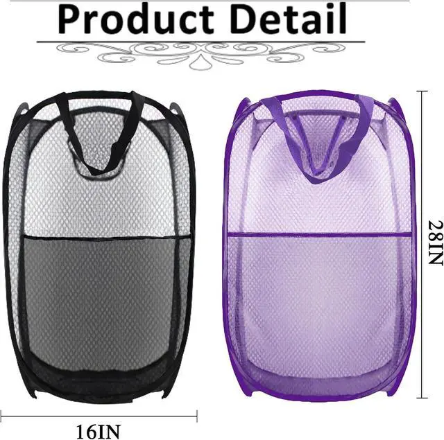 Alt view image 3 of 6 - Collapsible Pop Up Laundry Hamper, Extra Large Mesh Foldable Laundry Basket Bag, 28" x 16" x 16", 2 Pack (Black + Purple)