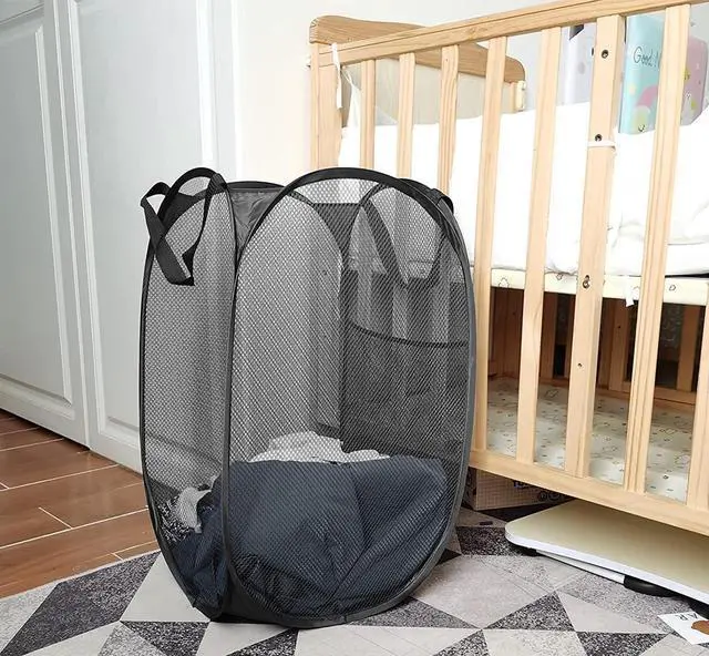 Alt view image 4 of 7 - Larpur Popup Mesh Laundry Basket, Collapsible and Portable Clothes Washing Laundry Hamper with Reinforced Carry Handle (Black)