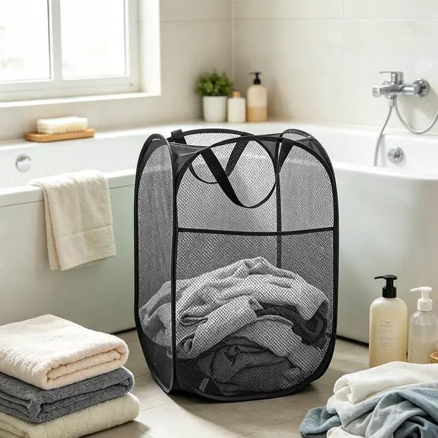 Alt view image 5 of 7 - Larpur Popup Mesh Laundry Basket, Collapsible and Portable Clothes Washing Laundry Hamper with Reinforced Carry Handle (Black)