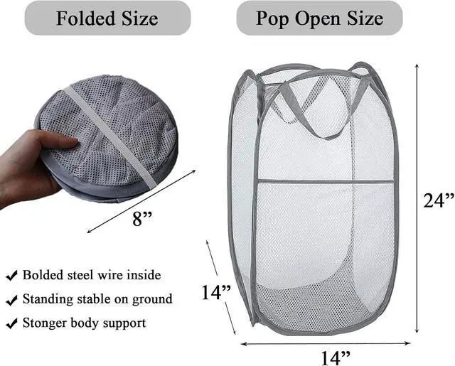 Alt view image 2 of 7 - Larpur Popup Mesh Laundry Basket, Collapsible Laundry Hamper Portable Clothes Washing Laundry Hamper with Reinforced Carry Handles for Home, Dormitories, Travel, Apartments (Grey)