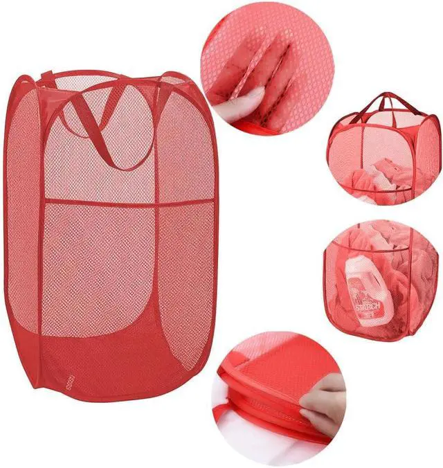 Alt view image 6 of 7 - Larpur Popup Mesh Laundry Basket, Collapsible and Portable Clothes Washing Laundry Hamper with Reinforced Carry Handle (Red)