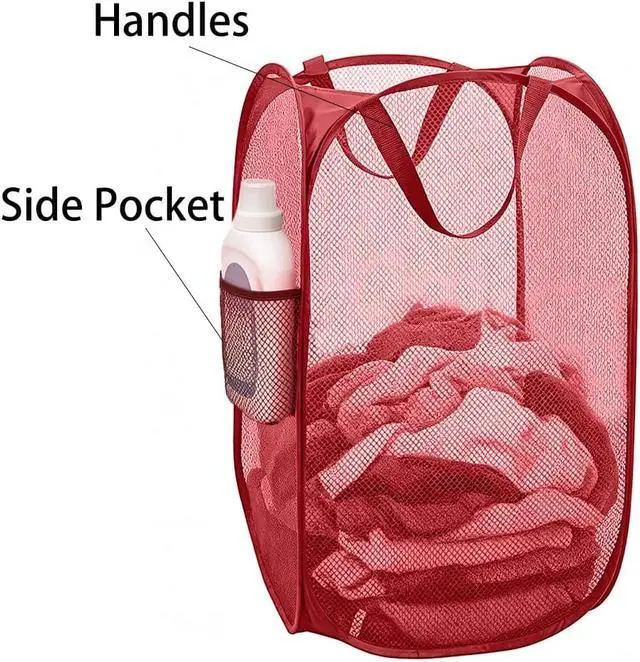 Alt view image 5 of 7 - Larpur Popup Mesh Laundry Basket, Collapsible and Portable Clothes Washing Laundry Hamper with Reinforced Carry Handle (Red)