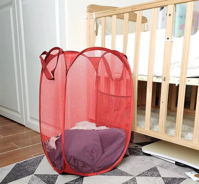 Alt view image 3 of 7 - Larpur Popup Mesh Laundry Basket, Collapsible and Portable Clothes Washing Laundry Hamper with Reinforced Carry Handle (Red)