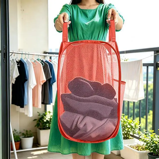 Alt view image 4 of 7 - Larpur Popup Mesh Laundry Basket, Collapsible and Portable Clothes Washing Laundry Hamper with Reinforced Carry Handle (Red)