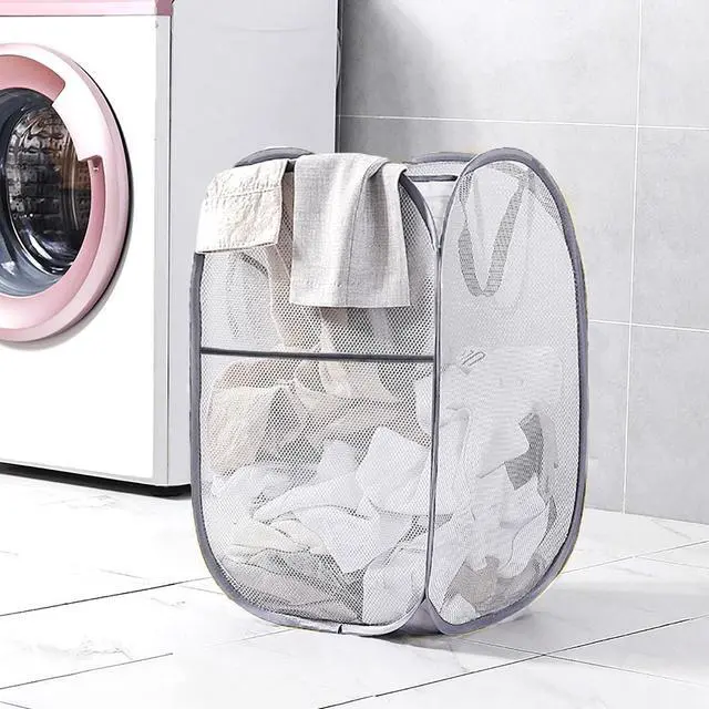 Alt view image 3 of 7 - Larpur Popup Mesh Laundry Basket, Collapsible Laundry Hamper Portable Clothes Washing Laundry Hamper with Reinforced Carry Handles for Home, Dormitories, Travel, Apartments (Grey)