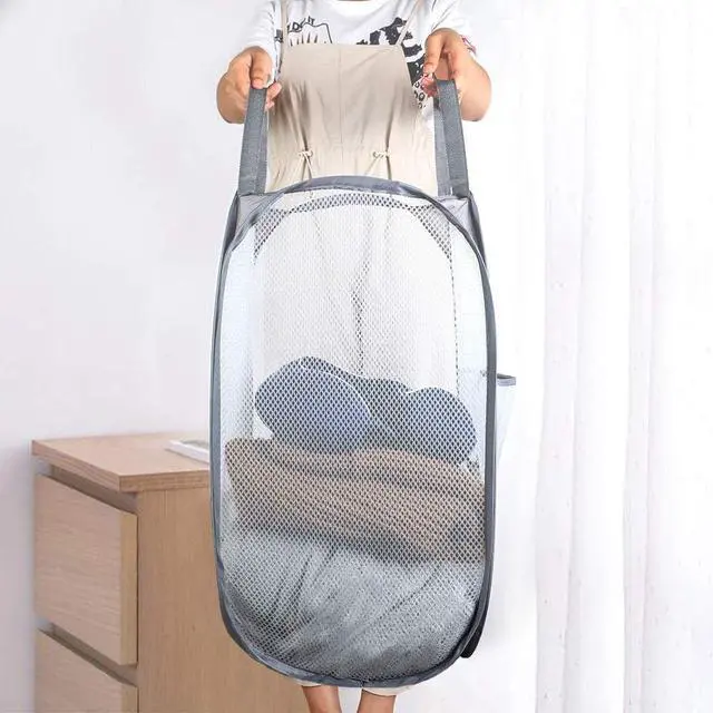 Alt view image 4 of 7 - Larpur Popup Mesh Laundry Basket, Collapsible Laundry Hamper Portable Clothes Washing Laundry Hamper with Reinforced Carry Handles for Home, Dormitories, Travel, Apartments (Grey)