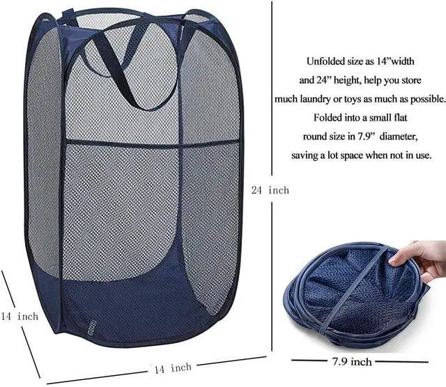 Alt view image 2 of 7 - Larpur Popup Mesh Laundry Basket, Collapsible Clothes Washing Laundry Hamper with Reinforced Carry Handles, Portable Foldable Dirty Clothes Hamper for Home Dorm Cruise Travel (Blue)