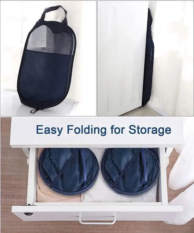 Alt view image 4 of 7 - Larpur Popup Mesh Laundry Basket, Collapsible Clothes Washing Laundry Hamper with Reinforced Carry Handles, Portable Foldable Dirty Clothes Hamper for Home Dorm Cruise Travel (Blue)