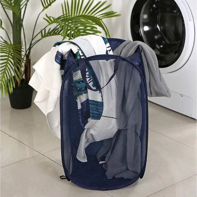 Alt view image 5 of 7 - Larpur Popup Mesh Laundry Basket, Collapsible Clothes Washing Laundry Hamper with Reinforced Carry Handles, Portable Foldable Dirty Clothes Hamper for Home Dorm Cruise Travel (Blue)