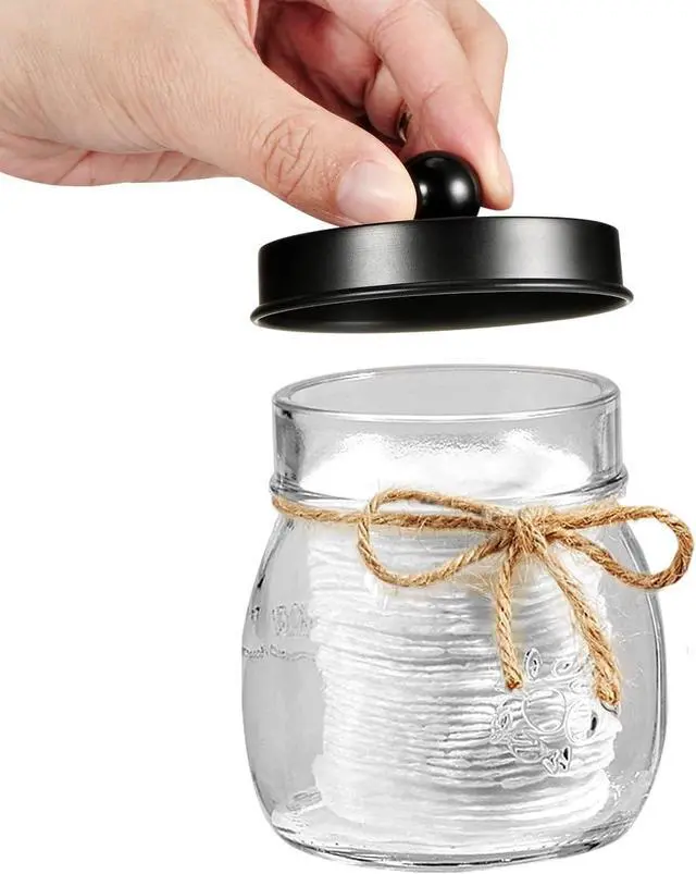 Alt view image 2 of 7 - Amolliar Glass Mason Jar Bathroom Vanity Organizer - Farmhouse Decor Qtip Dispenser Holder Canister - 8oz Mason Jars &Stainless Steel Lids for Q-tips,Cotton Swabs,Rounds,Bath Salts,Ball/Black,2-Pack