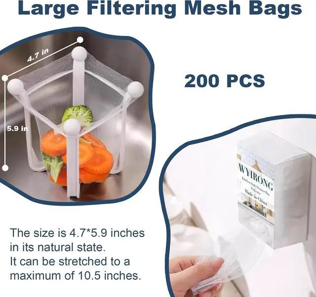 Alt view image 2 of 6 - WYIRONG 200 PCS Large Kitchen Disposable Mesh Sink Strainer Bag for Meshmate Waste Rack, Sink Strainer Elastic Anti-Clogging Sink Drain Strainer Collecting Kitchen Food Waste Garbage
