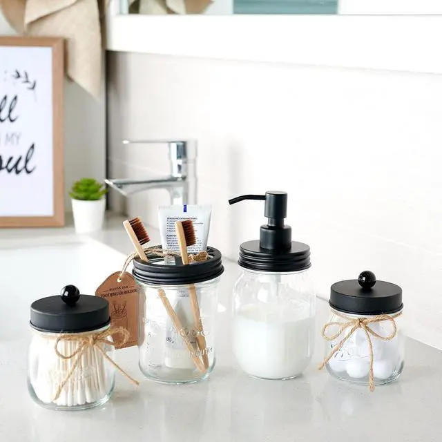 Alt view image 5 of 7 - Amolliar Glass Mason Jar Bathroom Vanity Organizer - Farmhouse Decor Qtip Dispenser Holder Canister - 8oz Mason Jars &Stainless Steel Lids for Q-tips,Cotton Swabs,Rounds,Bath Salts,Ball/Black,2-Pack