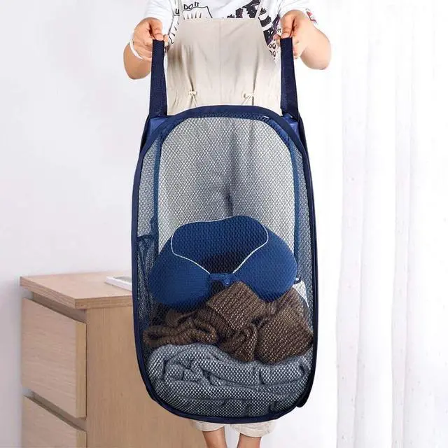 Alt view image 6 of 7 - Larpur Popup Mesh Laundry Basket, Collapsible Clothes Washing Laundry Hamper with Reinforced Carry Handles, Portable Foldable Dirty Clothes Hamper for Home Dorm Cruise Travel (Blue)