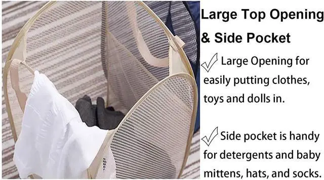 Alt view image 3 of 6 - Larpur Popup Mesh Laundry Basket, Collapsible and Portable Clothes Washing Laundry Hamper with Reinforced Carry Handle (Beige)