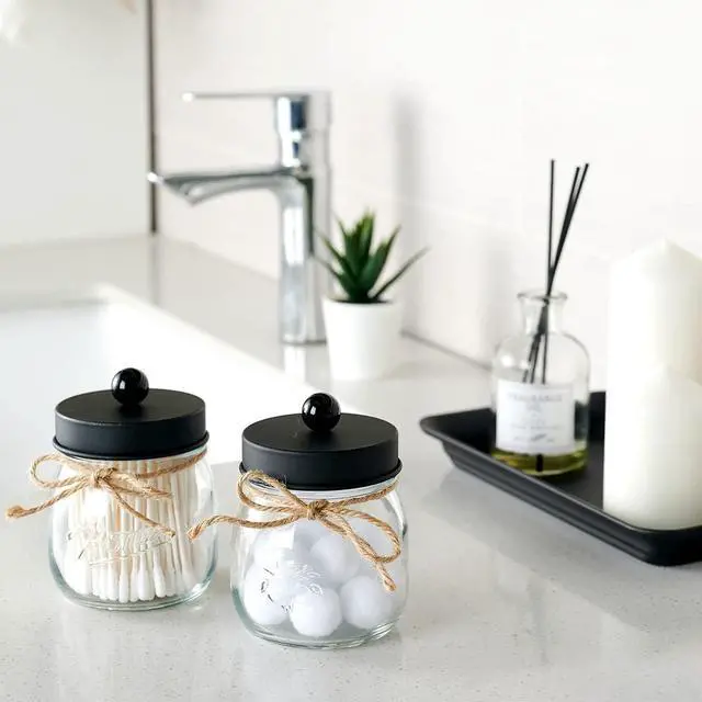 Alt view image 4 of 7 - Amolliar Glass Mason Jar Bathroom Vanity Organizer - Farmhouse Decor Qtip Dispenser Holder Canister - 8oz Mason Jars &Stainless Steel Lids for Q-tips,Cotton Swabs,Rounds,Bath Salts,Ball/Black,2-Pack