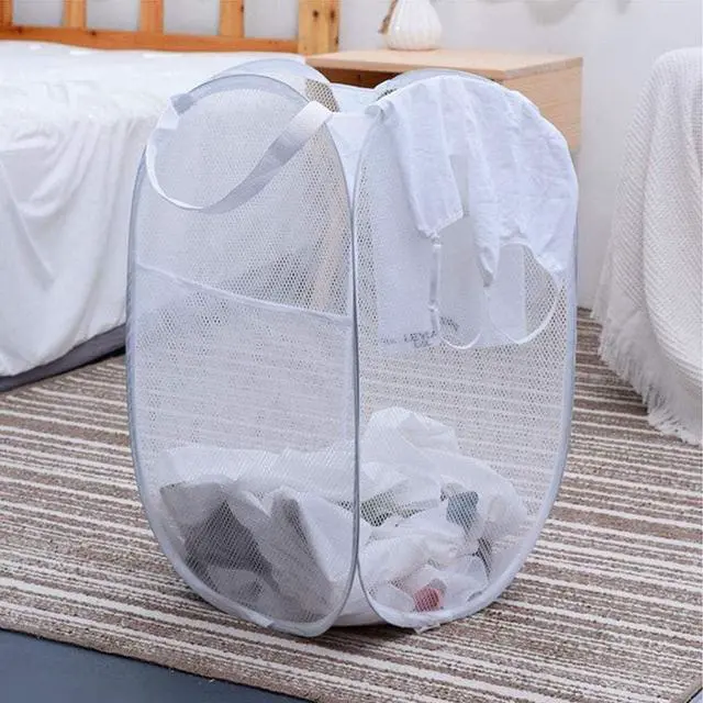Alt view image 3 of 7 - Larpur Pop Up Laundry Basket, Collapsible White Mesh Clothes Hamper Storage