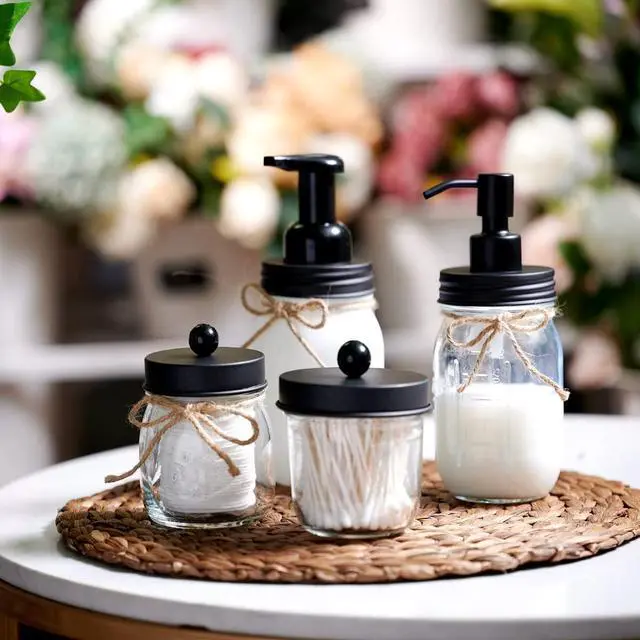 Alt view image 6 of 7 - Amolliar Glass Mason Jar Bathroom Vanity Organizer - Farmhouse Decor Qtip Dispenser Holder Canister - 8oz Mason Jars &Stainless Steel Lids for Q-tips,Cotton Swabs,Rounds,Bath Salts,Ball/Black,2-Pack