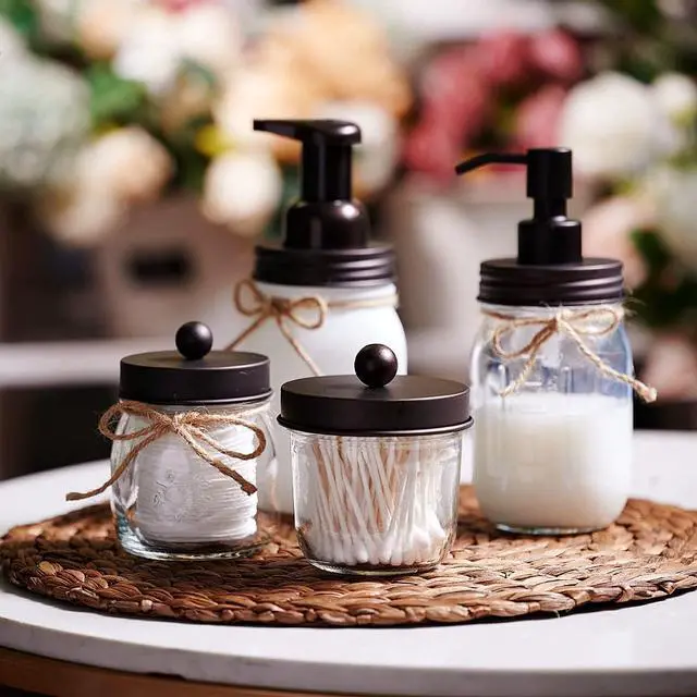 Alt view image 6 of 7 - Amolliar Glass Mason Jar Bathroom Vanity Organizer - Rustic Farmhouse Decor Bathroom Accessories - Qtip Dispenser Holder Canister for Q-tips,Cotton Swabs,Rounds,Ball,Flossers/Bronze, 2-Pack