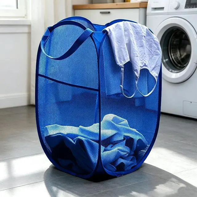 Alt view image 3 of 7 - Larpur Mesh Laundry Basket, Pop up Laundry Hamper with Handles, Collapsible Clothes Basket for Travel, College, Dorm, Royal Blue
