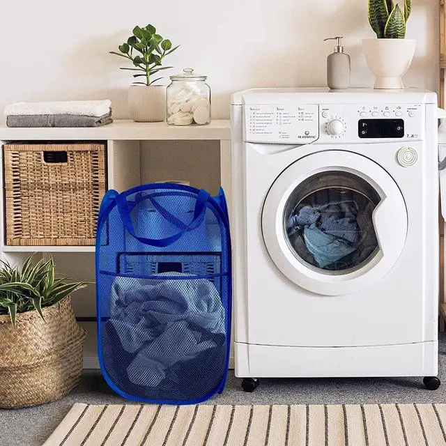 Alt view image 4 of 7 - Larpur Mesh Laundry Basket, Pop up Laundry Hamper with Handles, Collapsible Clothes Basket for Travel, College, Dorm, Royal Blue