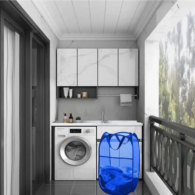 Alt view image 7 of 7 - Larpur Mesh Laundry Basket, Pop up Laundry Hamper with Handles, Collapsible Clothes Basket for Travel, College, Dorm, Royal Blue