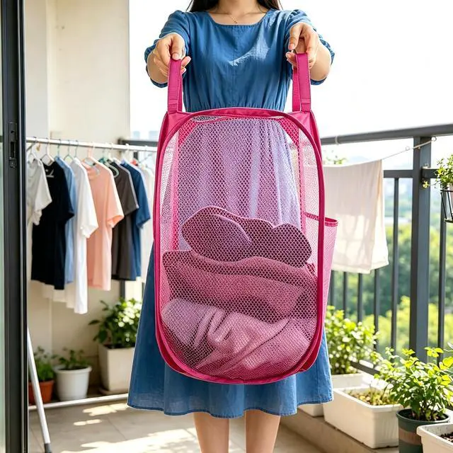 Alt view image 3 of 7 - Larpur Popup Laundry Basket, Collapsible Portable Mesh Clothes Washing Laundry Hamper with Reinforced Carry Handles (Pink)