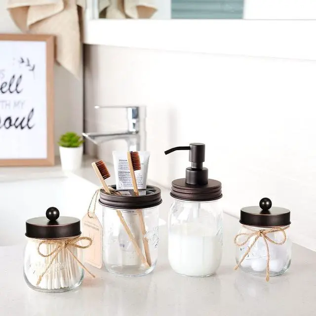 Alt view image 5 of 7 - Amolliar Glass Mason Jar Bathroom Storage Organizer - Rustic Farmhouse Decor Bathroom Accessories - Qtip Holder Dispenser Apothecary Jar-Qtips,Cotton Swabs,Ball,Flossers/Oil Rubbed Bronze, 2 Pack