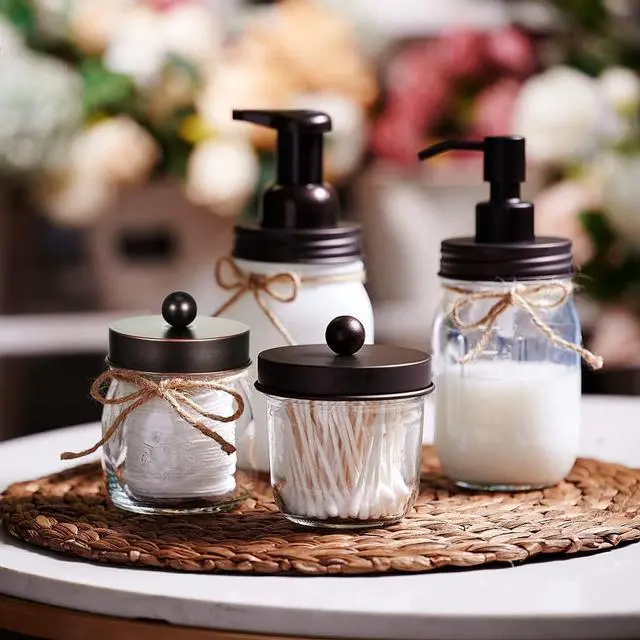 Alt view image 6 of 7 - Amolliar Glass Mason Jar Bathroom Storage Organizer - Rustic Farmhouse Decor Bathroom Accessories - Qtip Holder Dispenser Apothecary Jar-Qtips,Cotton Swabs,Ball,Flossers/Oil Rubbed Bronze, 2 Pack