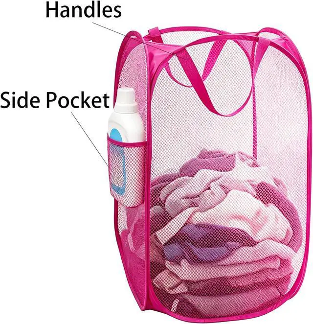 Alt view image 4 of 7 - Larpur Popup Laundry Basket, Collapsible Portable Mesh Clothes Washing Laundry Hamper with Reinforced Carry Handles (Pink)