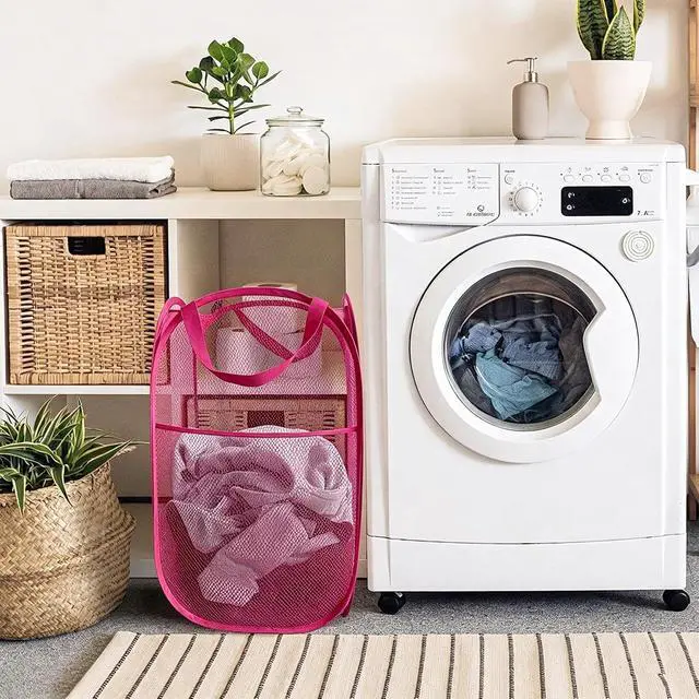Alt view image 5 of 7 - Larpur Popup Laundry Basket, Collapsible Portable Mesh Clothes Washing Laundry Hamper with Reinforced Carry Handles (Pink)