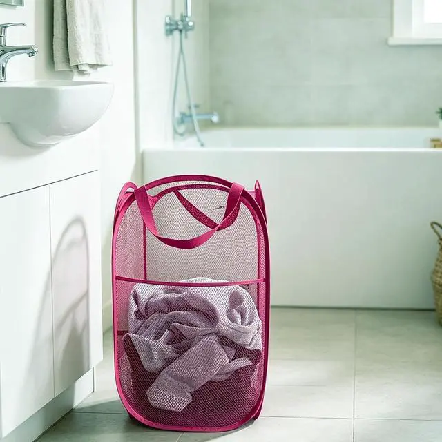 Alt view image 6 of 7 - Larpur Popup Laundry Basket, Collapsible Portable Mesh Clothes Washing Laundry Hamper with Reinforced Carry Handles (Pink)