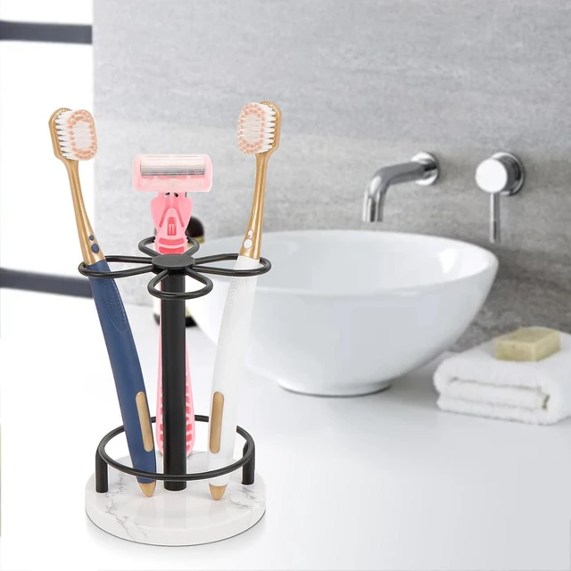 Alt view image 7 of 7 - Toothbrush Holder Stand for Bathroom, Metal Toothbrush Organizer with Marble Base, Toothbrush Storage Collection for Family, Suitable for Home Hotel Countertop Vanity (Small, Matte Black)