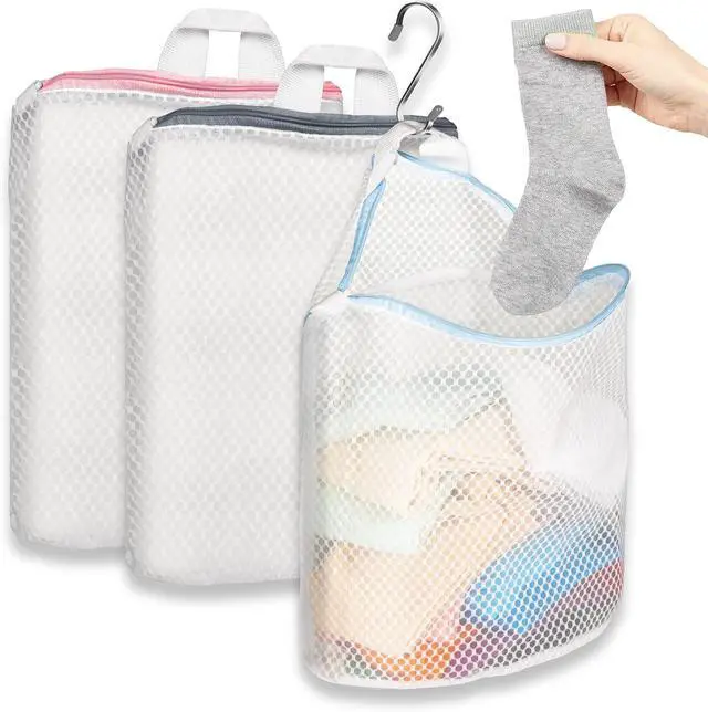 Main image of 3Pcs Hanging Laundry Bags for Socks with S Hooks, 12 X 10 inch 3 Color Mesh Laundry Bags for Washing Machine