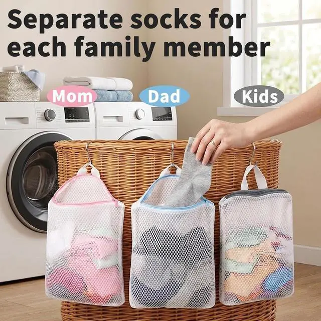Alt view image 3 of 7 - 3Pcs Hanging Laundry Bags for Socks with S Hooks, 12 X 10 inch 3 Color Mesh Laundry Bags for Washing Machine