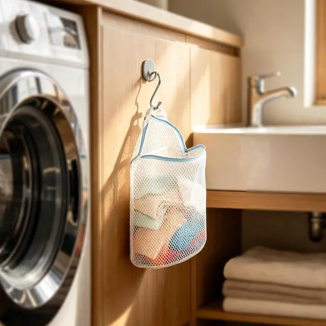 Alt view image 4 of 7 - 3Pcs Hanging Laundry Bags for Socks with S Hooks, 12 X 10 inch 3 Color Mesh Laundry Bags for Washing Machine
