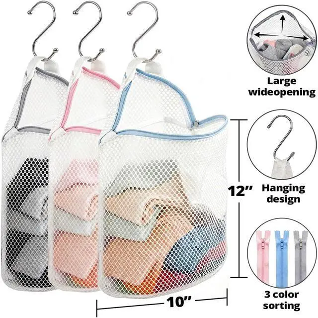 Alt view image 6 of 7 - 3Pcs Hanging Laundry Bags for Socks with S Hooks, 12 X 10 inch 3 Color Mesh Laundry Bags for Washing Machine