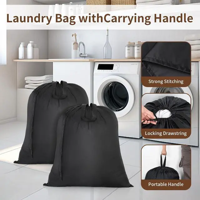 Alt view image 3 of 7 - OTraki 2 Pack Washable Travel Laundry Bag 20x24 inch Heavy Duty Laundry Bags with Handles Dirty Clothes Drawstring Laundry Hamper Liner Bag Drying Do Not Exceed 176 Black