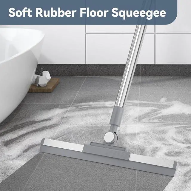 Alt view image 2 of 7 - Floor Squeegee with 180° Rotating Head, Squeegee for Floor with 52'' Long Handle, Squeegee Broom, Squeegee for Window Cleaning, Bathroom Tile, Garage Concrete, Deck, Shower Glass (Silver)