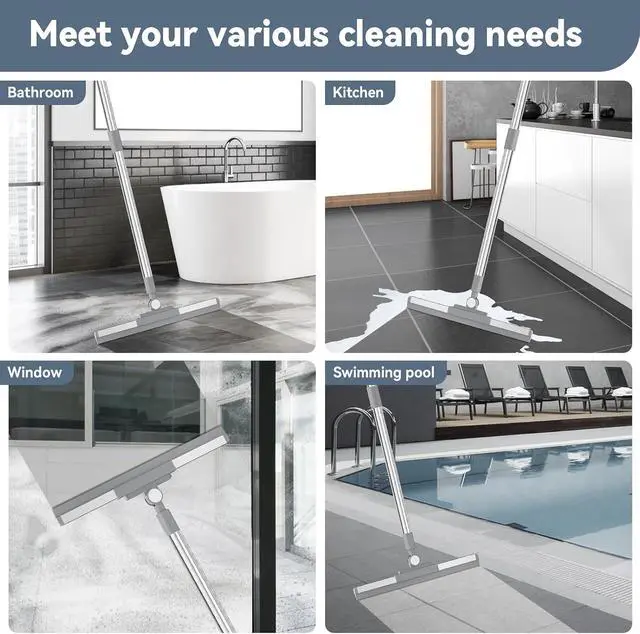 Alt view image 5 of 7 - Floor Squeegee with 180° Rotating Head, Squeegee for Floor with 52'' Long Handle, Squeegee Broom, Squeegee for Window Cleaning, Bathroom Tile, Garage Concrete, Deck, Shower Glass (Silver)