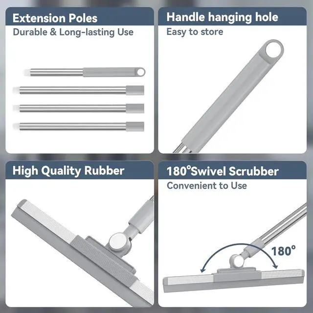Alt view image 6 of 7 - Floor Squeegee with 180° Rotating Head, Squeegee for Floor with 52'' Long Handle, Squeegee Broom, Squeegee for Window Cleaning, Bathroom Tile, Garage Concrete, Deck, Shower Glass (Silver)