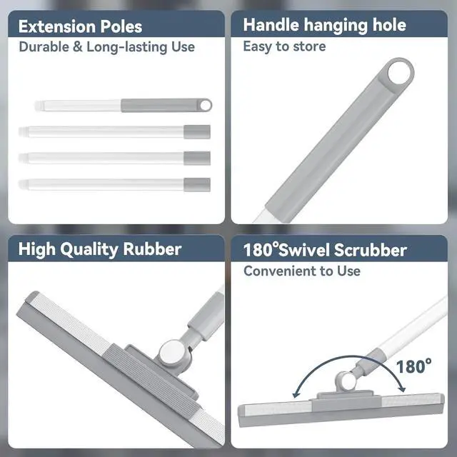 Alt view image 6 of 7 - Floor Squeegee with 180° Rotating Head, Squeegee for Floor with 52'' Long Handle, Squeegee Broom, Squeegee for Window Cleaning, Bathroom Tile, Garage Concrete, Deck, Shower Glass (White)