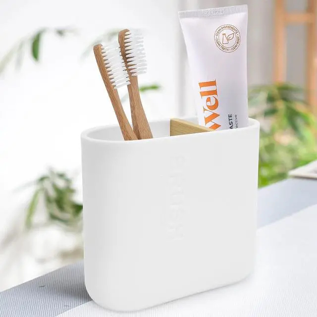 Alt view image 2 of 7 - Toothbrush Holder with Bamboo Divider,Detachable for Easy Cleaning Multi-Functional Storage,2 Slots Electric Toothbrush and Toothpaste Organizer Caddy for Bathroom Vanity,Sink,Countertop (White)