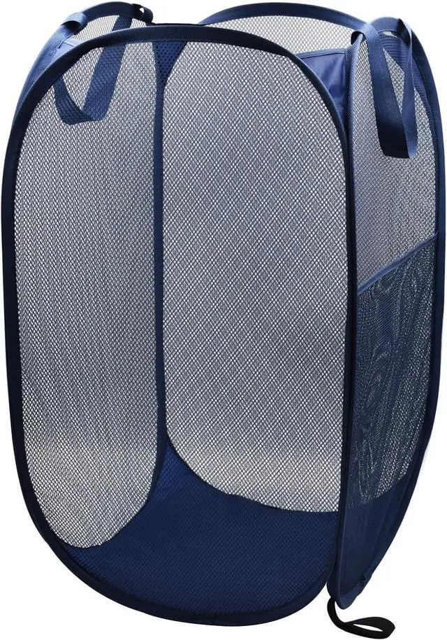 Main image of HONOMA Sturdy Mesh Laundry Hamper Basket Bag,Pop up Basket with Side Pocket for Laundry Room, Bathroom, Kids Room, College Dorm or Travel (Pop Vertical, Navy Blue)