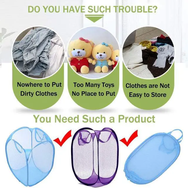 Alt view image 7 of 7 - RZJZGZ Foldable Pop-Up Mesh Laundry Hamper with Side Pocket Clothes Laundry Basket Storage Bag with Carry Handles for Dirty Clothes (2 Pack)