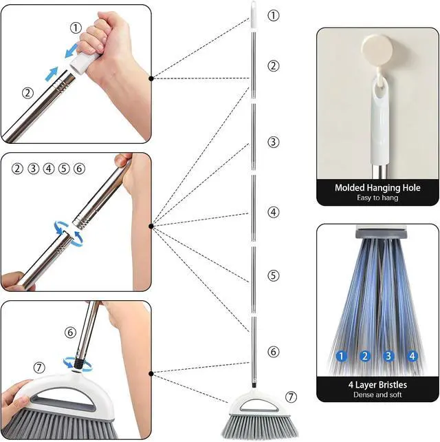 Alt view image 6 of 7 - Angle Broom for Hardwood Floors - Soft Bristled Kitchen Broom, Indoor & Office Use (Off White)
